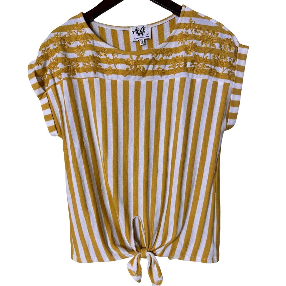 Who Wear What When‎ Where Anthropologie Top XXS Yellow Striped Floral Tie Front